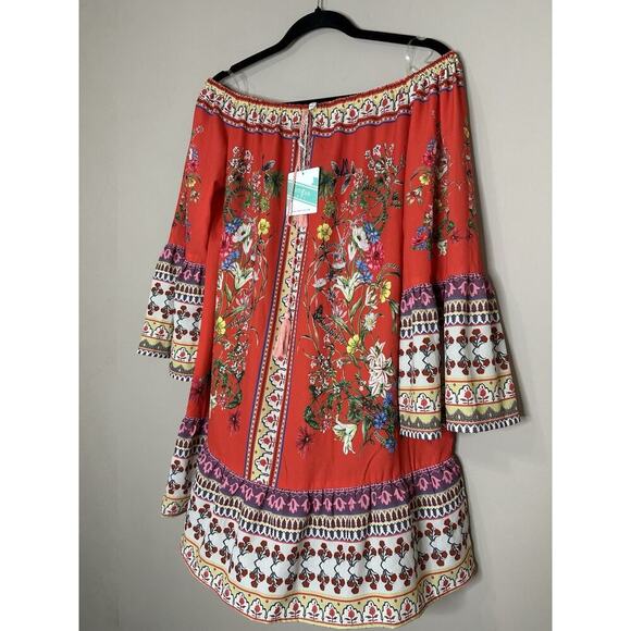 NWT Umgee Womens Red Floral Off The Shoulder Dress Scarf Print Size Small - Picture 1 of 9